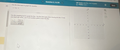 Question 5, 5.5.20 O Faints: (of S HW Spone: 28.57%, 4 of 14 pointo 
Use the intercepts to graph the equation
-x+2y=0
Use the graphing tool to graph the line. Use the intercepts when drawing the line. If only 
one intercept exists, use it and another paint to draw the line 
Clack to entarge 
graph