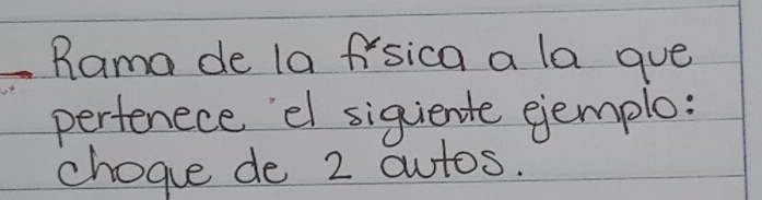 Rama de la fsica a la gue 
perfenece el siguiente ejemplo: 
chogue de 2 outos.