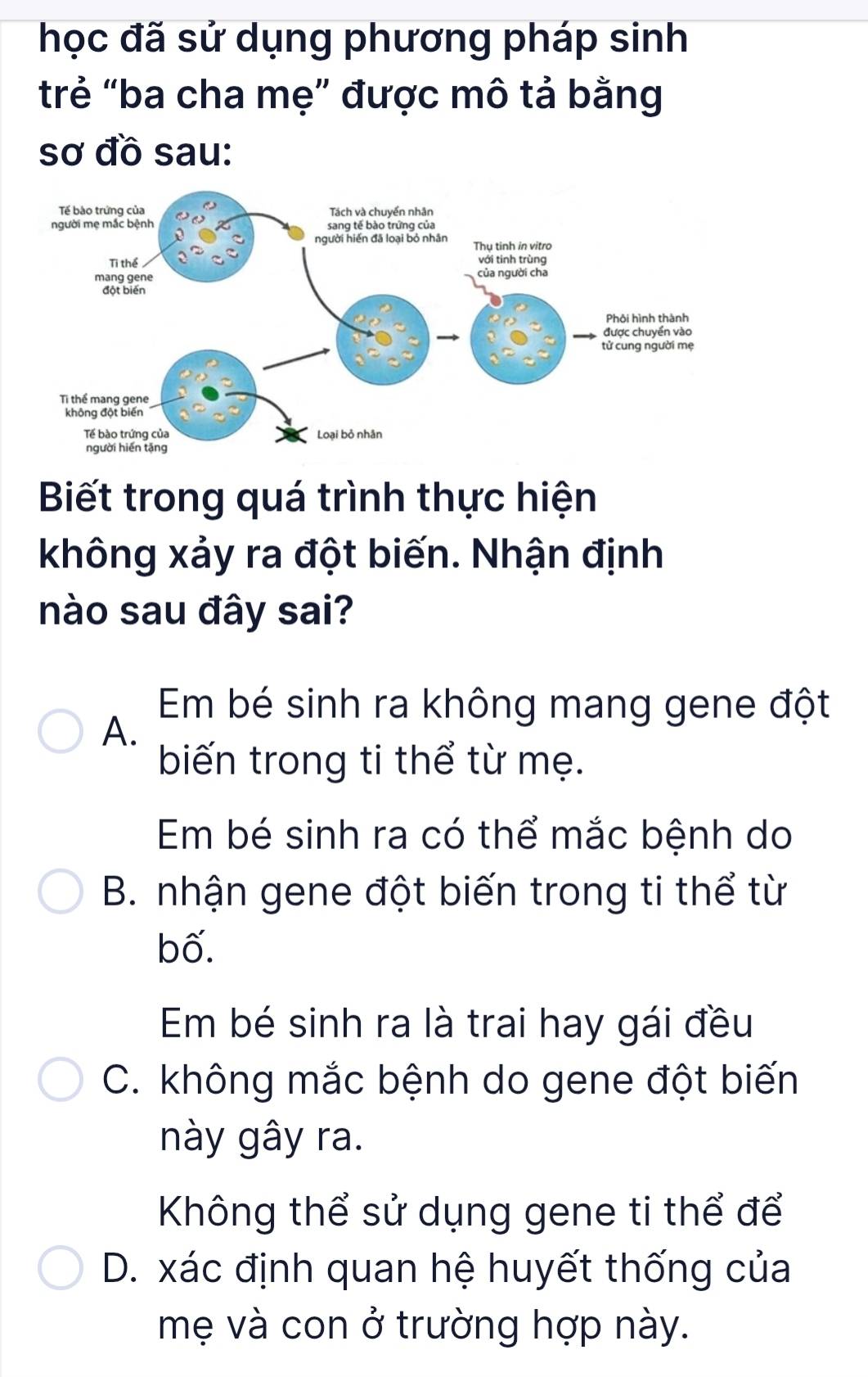 học đã sử dụng phương pháp sinh
trẻ “ba cha mẹ” được mô tả bằng
sơ đồ sau:
Biết trong quá trình thực hiện
không xảy ra đột biến. Nhận định
nào sau đây sai?
Em bé sinh ra không mang gene đột
A.
biến trong ti thể từ mẹ.
Em bé sinh ra có thể mắc bệnh do
B. nhận gene đột biến trong ti thể từ
bố.
Em bé sinh ra là trai hay gái đều
C. không mắc bệnh do gene đột biến
này gây ra.
Không thể sử dụng gene ti thể để
D. xác định quan hệ huyết thống của
mẹ và con ở trường hợp này.