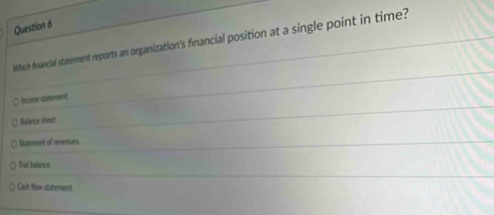 Which financial statement reports an organization's financial position at a single point in time?
Incame stitement.
Balance shest.
Stitement of revenues
Trial balance.
Cash flow statement