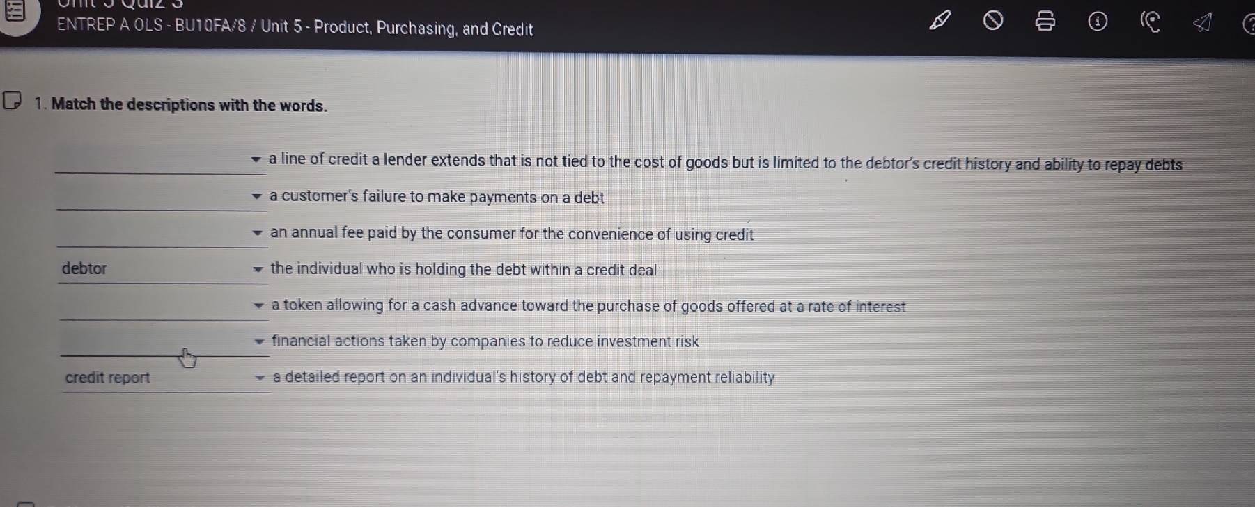 ENTREP A OLS - BU10FA/8 / Unit 5 - Product, Purchasing, and Credit
1. Match the descriptions with the words.
a line of credit a lender extends that is not tied to the cost of goods but is limited to the debtor’s credit history and ability to repay debts
a customer's failure to make payments on a debt
an annual fee paid by the consumer for the convenience of using credit
debtor the individual who is holding the debt within a credit deal
a token allowing for a cash advance toward the purchase of goods offered at a rate of interest
financial actions taken by companies to reduce investment risk
credit report a detailed report on an individual's history of debt and repayment reliability