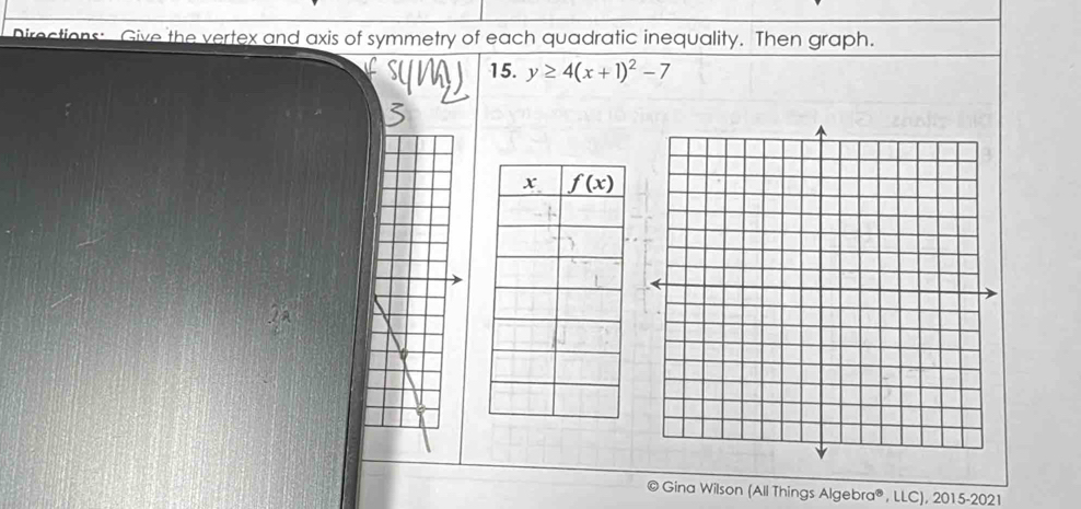 Directions: Give the vertex and axis of symmetry of each quadratic inequality. Then graph.
15. y≥ 4(x+1)^2-7
© Gina Wilson (All Things Algebra®, LLC), 2015-2021