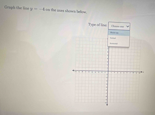 Graph the line y=-4 on the axes shown below. 
Type of line: Choose one 
Choose se