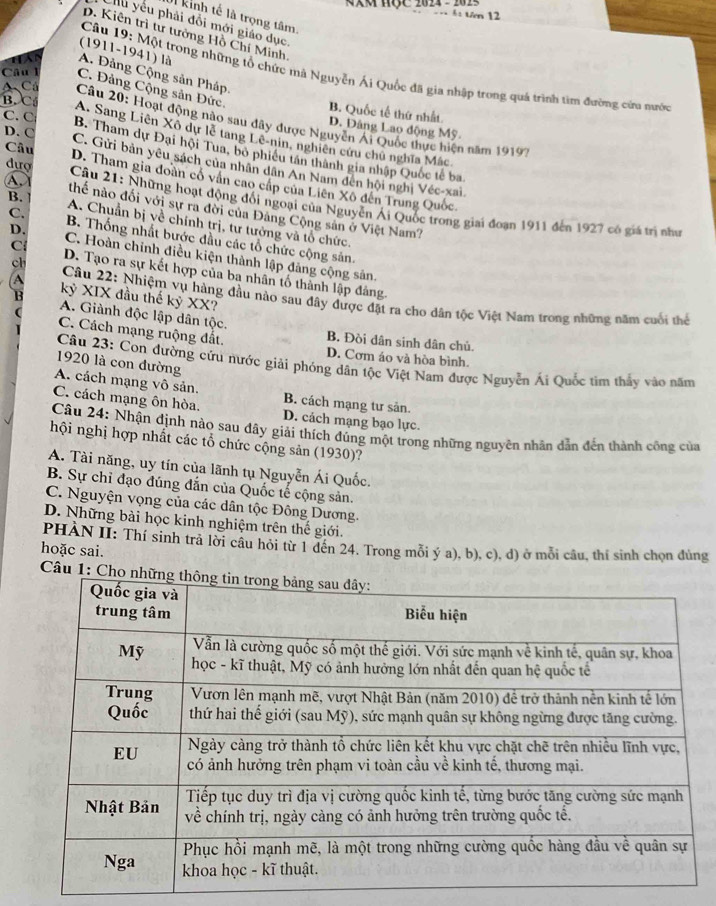 HQC 2024 - 2025
T    h à tăn  12
kinh tế là trọng tâm
Chu yếu phải đổi mới giáo dục
D. Kiên trì tư tưởng Hồ Chí Minh
(1911-1941) là
Câu 19: Một trong những tổ chức mà Nguyễn Ái Quốc đã gia nhập trong quá trình tim đường cứa nước
A. Đảng Cộng sản Pháp.
Câu l C. Đảng Cộng sản Đức.
B. C
B. Quốc tế thứ nhất.
C. C
Cá  Câu 20: Hoạt động nào sau dây được Nguyễn Ái Quốc thực hiện năm 19197
D. Đảng Lao động Mỹ.
A. Sang Liên Xô dự lễ tang Lê-nin, nghiên cứu chủ nghĩa Mắc
B. Tham dự Đại hội Tua, bỏ phiêu tân thành gia nhập Quốc tế ba
D. C C. Gửi bản yêu sách của nhân dân An Nam đên hội nghị Véc-xai.
Câu D. Tham gia đoàn có vân cao cấp của Liên Xô đến Trung Quốc.
đượ *  Câu 21: Những hoạt động đổi ngoại của Nguyễn Ái Quốc trong giai đoạn 1911 đến 1927 có giá trị như
A. thế nào đối với sự ra đời của Đảng Cộng sản ở Việt Nam?
B. A. Chuẩn bị yề chính trị, tư tưởng và tổ chức.
C. B. Thống nhất bước đầu các tổ chức cộng sản.
D. C. Hoàn chỉnh điều kiện thành lập đảng cộng sản.
C D. Tạo ra sự kết hợp của ba nhân tố thành lập đảng.
ch  Câu 22: Nhiệm vụ hàng đầu nào sau đây được đặt ra cho dân tộc Việt Nam trong những năm cuối thể
kỷ XIX đầu thế kỷ XX?
( A. Giành độc lập dân tộc. B. Đòi dân sinh dân chủ
C. Cách mạng ruộng đất. D. Cơm áo và hòa bình.
1920 là con đường
Câu 23: Con đường cứu nước giải phóng dân tộc Việt Nam được Nguyễn Ái Quốc tim thấy vào năm
A. cách mạng vô sản. B. cách mạng tư sản.
C. cách mạng ôn hòa. D. cách mạng bạo lực.
Câu 24: Nhận định nào sau đây giải thích đúng một trong những nguyên nhân dẫn đến thành công của
hội nghị hợp nhất các tổ chức cộng sản (1930)?
A. Tài năng, uy tín của lãnh tụ Nguyễn Ái Quốc.
B. Sự chỉ đạo đúng đẫn của Quốc tế cộng sản.
C. Nguyện vọng của các dân tộc Đông Dương.
D. Những bài học kinh nghiệm trên thế giới.
PHÀN II: Thí sinh trả lời câu hỏi từ 1 đến 24. Trong mỗi ý a), b), c), d) ở mỗi câu, thí sinh chọn đủng
hoặc sai.
Câu 1