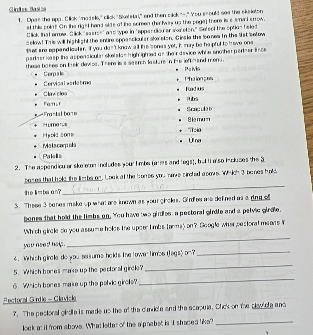 Girdles Basics 
1. Open the app. Click "models," click "Skeletal," and then click "+.” You should see the skeleton 
at this point! On the right hand side of the screen (halfway up the page) there is a small arrow. 
Click that arrow. Click “search” and type in "appendicular skeleton.” Select the option listed 
below! This will highlight the entire appendicular skeleton. Circle the bones in the list below 
that are appendicular. If you don't know all the bones yet, it may be helpful to have one 
partner keep the appendicular skeleton highlighted on their device while another partner finds 
these bones on their device. There is a search feature in the left-hand menu. 
Pelvis 
Carpals 
Phalanges 
Cervical vertebrae 
Clavicles Radius 
Ribs 
Femur 
Scapulae 
Frontal bone 
Sternum 
Humerus 
Tibia 
Hyoid bone 
Ulna 
Metacarpals 
Patella 
2. The appendicular skeleton includes your limbs (arms and legs), but it also includes the 3
_ 
bones that hold the limbs on. Look at the bones you have circled above. Which 3 bones hold 
the limbs on? 
3. These 3 bones make up what are known as your girdles. Girdles are defined as a ring of 
bones that hold the limbs on, You have two girdles: a pectoral girdle and a pelvic girdle. 
_ 
Which girdle do you assume holds the upper limbs (arms) on? Google what pectoral means if 
you need help. 
4. Which girdle do you assume holds the lower limbs (legs) on?_ 
5. Which bones make up the pectoral girdle? 
_ 
6. Which bones make up the pelvic girdle? 
_ 
Pectoral Girdle - Clavicle 
7. The pectoral girdle is made up the of the clavicle and the scapula. Click on the clavicle and 
look at it from above. What letter of the alphabet is it shaped like?_