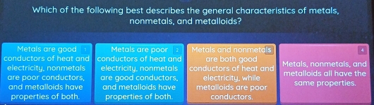 Which of the following best describes the general characteristics of metals,
nonmetals, and metalloids?
Metals are good Metals are poor 2 Metals and nonmetals 4
conductors of heat and conductors of heat and are both good Metals, nonmetals, and
electricity, nonmetals electricity, nonmetals conductors of heat and
are poor conductors, are good conductors. electricity, while metalloids all have the same properties.
and metalloids have and metalloids have metalloids are poor
properties of both. properties of both. conductors,