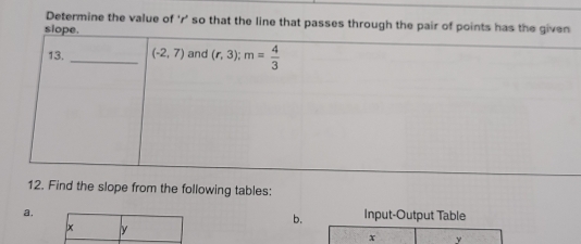 Determine the value of ‘r’ so that the line that passes through the pair of p
12. Find the slope from the following tables:
a. Input-Output Table
b.
x y
x y