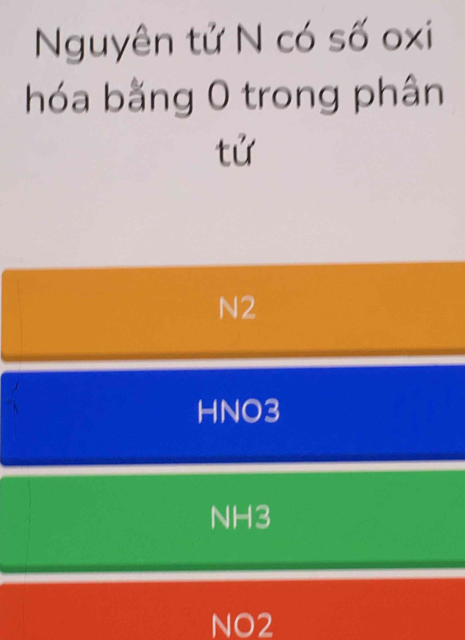 Nguyên tử N có số oxi
hóa bằng 0 trong phân
tử
N2
HNO3
NH3
NO2