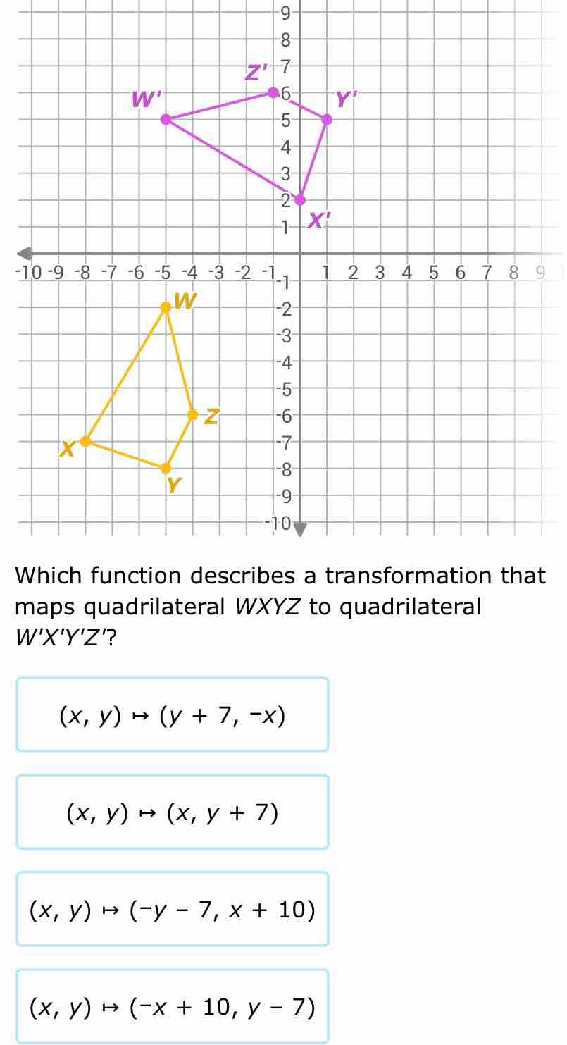 maps quadrilateral WXYZ to quadrilateral
W'X'Y'Z '?
(x,y)to (y+7,-x)
(x,y)to (x,y+7)
(x,y)to (-y-7,x+10)
(x,y)to (-x+10,y-7)