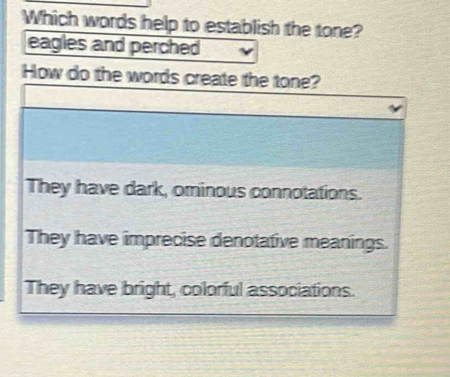 Solved: Which words help to establish the tone? eagles and perched How ...