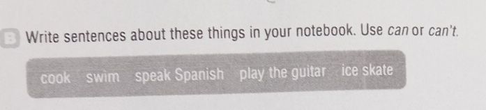 Write sentences about these things in your notebook. Use can or can't. 
cook swim speak Spanish play the guitar ice skate