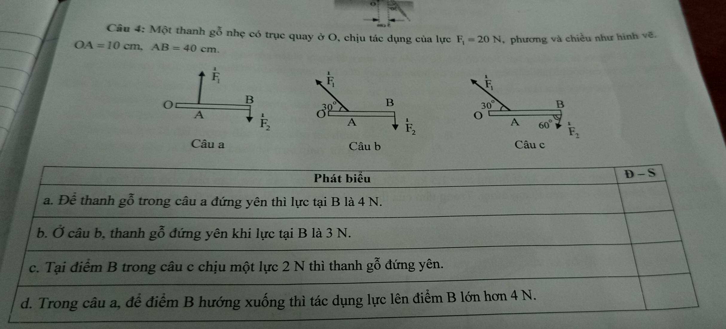 Một thanh gwidehat o nhẹ có trục quay ở O, chịu tác dụng của lực F_1=20N , phương và chiều như hình vẽ.
OA=10cm,AB=40cm.
frac 1F_1
F_1
30°
B
30°
B
o
A
overset 1(F_)^1
A 60° beginarrayr 1 F_2endarray
Câu b Câu c
Phát biểu
D-S
a. Để thanh gỗ trong câu a đứng yên thì lực tại B là 4 N.
b. Ở câu b, thanh gỗ đứng yên khi lực tại B là 3 N.
c. Tại điểm B trong câu c chịu một lực 2 N thì thanh gwidehat O đứng yên.
d. Trong câu a, để điểm B hướng xuống thì tác dụng lực lên điểm B lớn hơn 4 N.