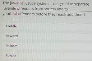 The juvenile justice system is designed to separate
juvenile offenders from society and to_
youthful offenders before they reach adulthood.
Coddle
Reward
Reform
Punish