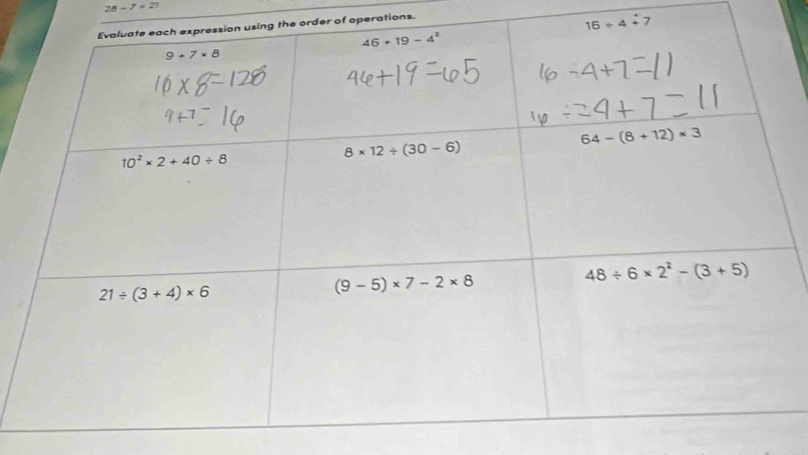 28-7=21
rder of operations.
16/ 4overset .+7