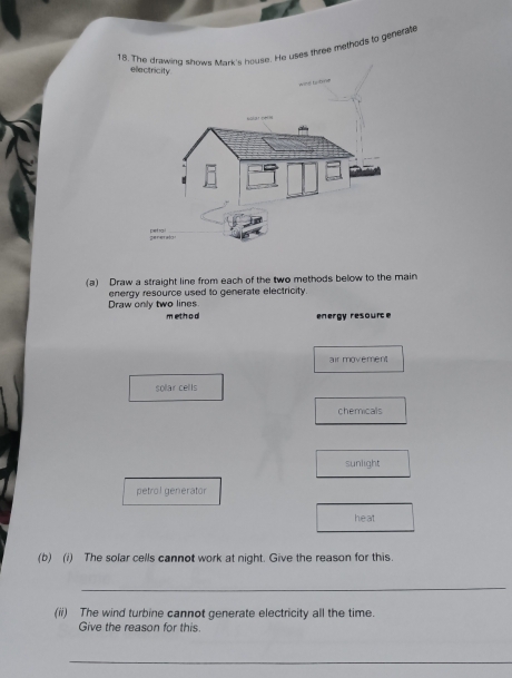 The drawing shows Mark's house. He uses three methods to generab
ellectricity
ise britme
(a) Draw a straight line from each of the two methods below to the main
Draw only two lines energy resource used to generate electricity
method energy resource
air movement
solar cells
chemicals
sunlight
petrol generator
heat
(b) (i) The solar cells cannot work at night. Give the reason for this.
_
(ii) The wind turbine cannot generate electricity all the time.
Give the reason for this.
_