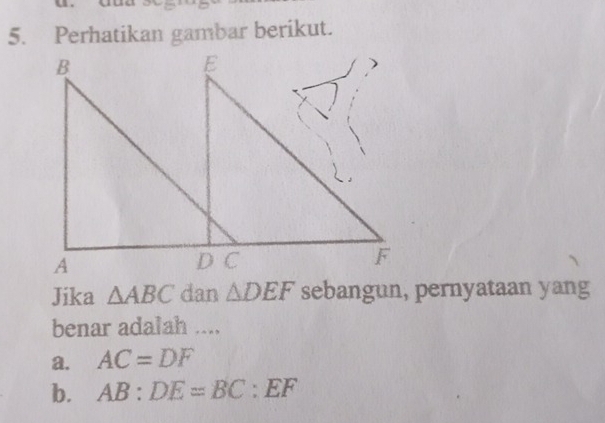 Perhatikan gambar berikut.
Jika △ ABC dan △ DEF sebangun, pernyataan yang
benar adalah ....
a. AC=DF
b. AB:DE=BC:EF