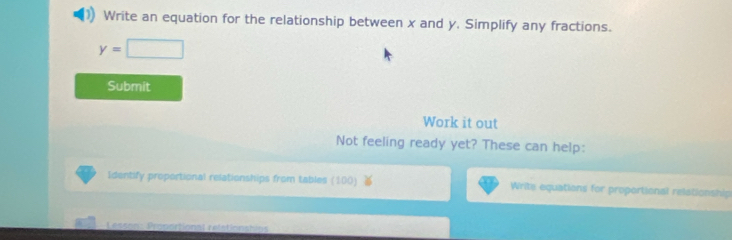 Write an equation for the relationship between x and y, Simplify any fractions.
y=□
Submit 
Work it out 
Not feeling ready yet? These can help: 
Identify proportional relationships from tables (100) Writs equations for proportional relationship 
Lessors Propertional relationshios