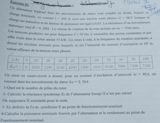 Solved: Un alternateur triphasé dont les enroulements de stator sont ...