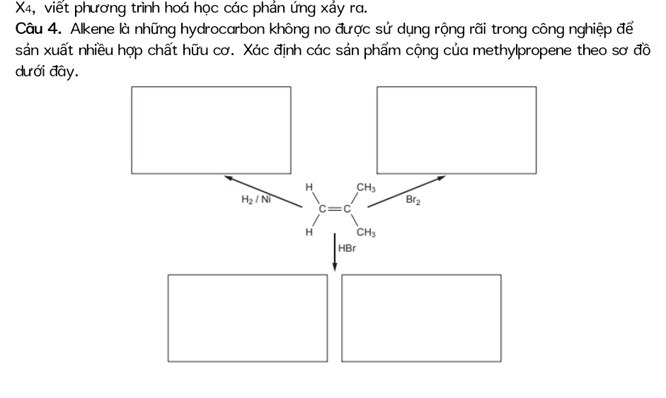 X4, viết phương trình hoá học các phản ứng xảy ra.
Câu 4. Alkene là những hydrocarbon không no được sử dụng rộng rãi trong công nghiệp để
sản xuất nhiều hợp chất hữu cơ. Xác định các sản phẩm cộng của methylpropene theo sơ đồ
dưới đây.