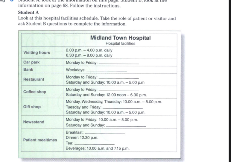 A, look at the mormation on this page. Student B, look at the 
information on page 68. Follow the instructions. 
Student A 
Look at this hospital facilities schedule. Take the role of patient or visitor and 
ask Student B questions to complete the information.