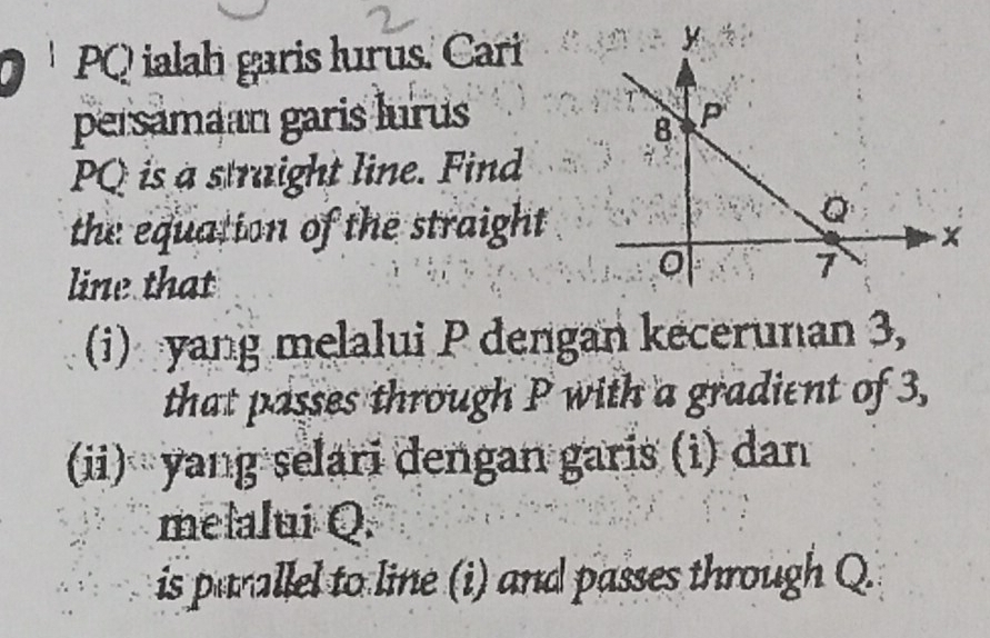 PQ ialah garis lurus. Car 
y 
persamaan garis lurus
PQ is a straight line. Find 
the equation of the straight . 
line that 
(i) yang melalui P dengan kecerunan 3, 
that passes through P with a gradient of 3, 
(ii) yang selari dengan garis (i) dan 
melalui Q. 
is parallel to line (i) and passes through Q.