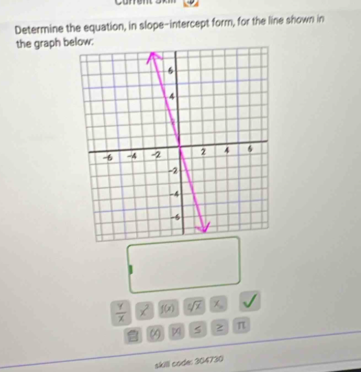 Determine the equation, in slope-intercept form, for the line shown in 
the graph be
 y/x  x^2 f(x) sqrt[6](x) X
π

skilli code: 304730