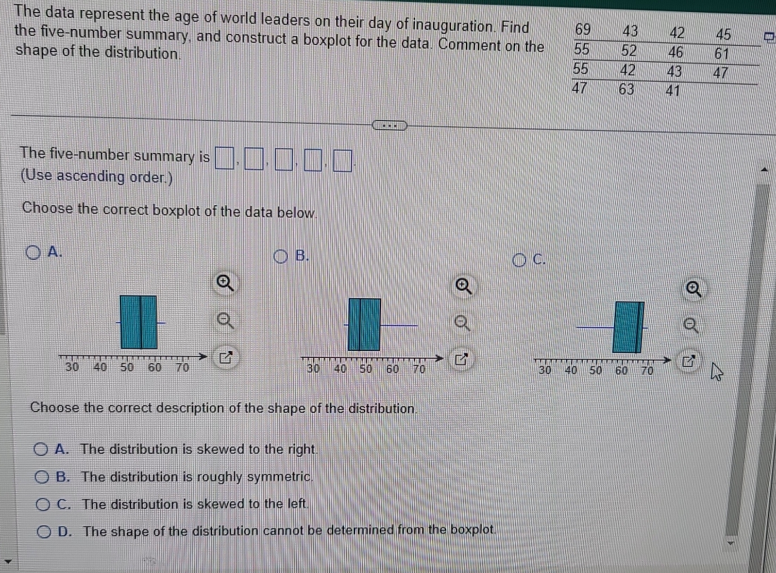 The data represent the age of world leaders on their day of inauguration. Find
the five-number summary, and construct a boxplot for the data. Comment on the
shape of the distribution.
The five-number summary is □ ,□ ,□ ,□ ,□ ,□ .
(Use ascending order.)
Choose the correct boxplot of the data below.
A.
B.
C.
  
Choose the correct description of the shape of the distribution.
A. The distribution is skewed to the right.
B. The distribution is roughly symmetric.
C. The distribution is skewed to the left.
D. The shape of the distribution cannot be determined from the boxplot.