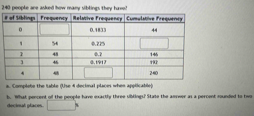 240 people are asked how many siblings they have? 
a. Complete the table (Use 4 decimal places when applicable) 
b. What percent of the people have exactly three siblings? State the answer as a percent rounded to two 
decimal places.