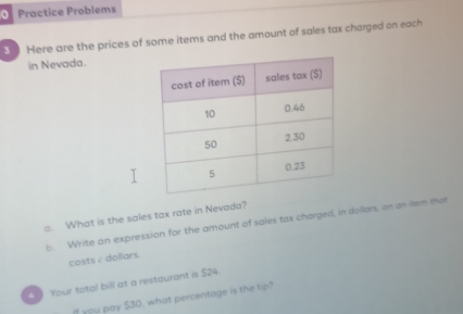 Practice Problems 
3 0 Here are the prices of some items and the amount of sales tax charged on each 
in Nevada. 
a. What is the sales tax rate in Nevada? 
b. Write an expression for the amount of sales tax charged, in dollars, on an item tat 
costs c dollars. 
Your total bill at a restaurant is $24. 
If you pay $30, what percentage is the tip?