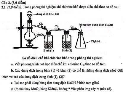 (3,0 điểm)
3.1. (/,0 điểm). Trong phòng thí nghiệm khí chlorine khô được điều chế theo sơ đồ sau:
Sơ đồ điều chế khí chlorine khô trong phòng thí nghiệm
a. Viết phương trình hoá học điều chế khí chlorine Cl_2 theo sơ đồ trên.
b. Các dung dịch trong bình (1) và bình (2) có thể là những dung dịch nào? Giải
thích vai trò của dung dịch trong bình (1), (2)?
c. Tại sao phải dùng bông tầm dung dịch NaOH ở bình tam giác?
d. Có thể thay MnO_2 bằng K MnO_4 không ? Viết phân ứng xây ra (nếu có).