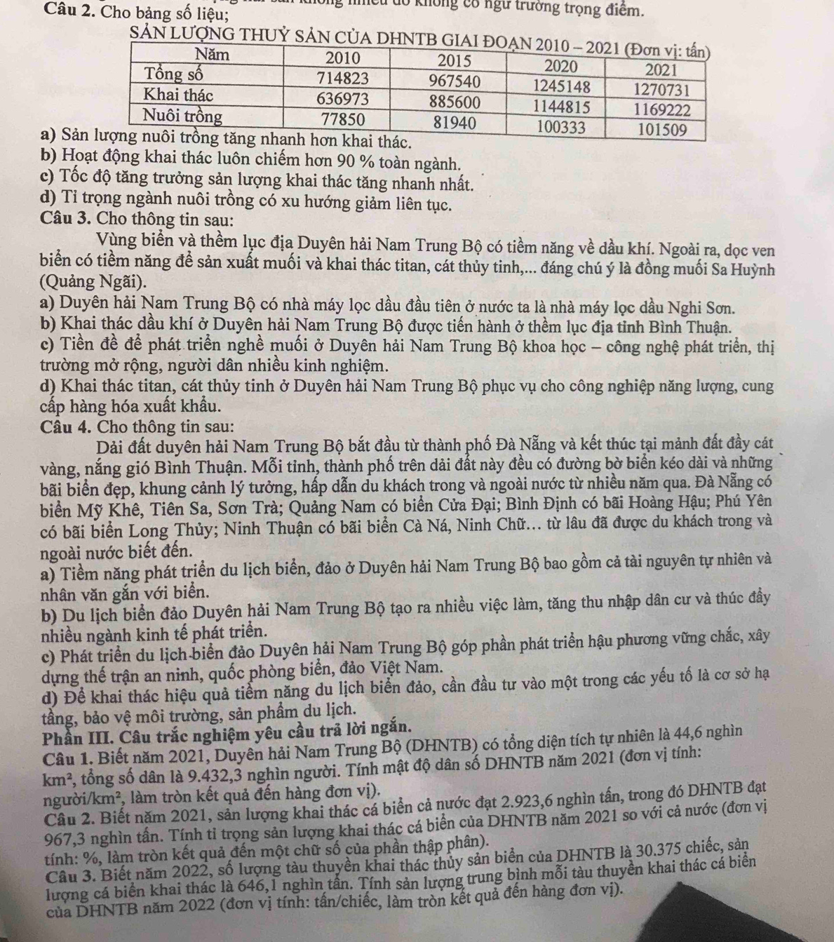 hông nhều dổ không có ngữ trưởng trọng điểm.
Câu 2. Cho bảng số liệu;
SẢN LUợNG THUỶ SẢN CỦA D
a) Sả
b) Hoạt động khai thác luôn chiếm hơn 90 % toàn ngành.
c) Tốc độ tăng trưởng sản lượng khai thác tăng nhanh nhất.
d) Tỉ trọng ngành nuôi trồng có xu hướng giảm liên tục.
Câu 3. Cho thông tin sau:
Vùng biển và thềm lục địa Duyên hải Nam Trung Bộ có tiềm năng về dầu khí. Ngoài ra, dọc ven
biển có tiềm năng để sản xuất muối và khai thác titan, cát thủy tinh,... đáng chú ý là đồng muối Sa Huỳnh
(Quảng Ngãi).
a) Duyên hải Nam Trung Bộ có nhà máy lọc dầu đầu tiên ở nước ta là nhà máy lọc dầu Nghi Sơn.
b) Khai thác dầu khí ở Duyên hải Nam Trung Bộ được tiến hành ở thềm lục địa tỉnh Bình Thuận.
c) Tiền đề để phát triển nghề muối ở Duyên hải Nam Trung Bộ khoa học - công nghệ phát triển, thị
trường mở rộng, người dân nhiều kinh nghiệm.
d) Khai thác titan, cát thủy tinh ở Duyên hải Nam Trung Bộ phục vụ cho công nghiệp năng lượng, cung
cấp hàng hóa xuất khẩu.
Câu 4. Cho thông tin sau:
Dải đất duyên hải Nam Trung Bộ bắt đầu từ thành phố Đà Nẵng và kết thúc tại mảnh đất đầy cát
vàng, nắng gió Bình Thuận. Mỗi tỉnh, thành phố trên dải đất này đều có đường bờ biển kéo dài và những
bãi biển đẹp, khung cảnh lý tưởng, hấp dẫn du khách trong và ngoài nước từ nhiều năm qua. Đà Nẵng có
biển Mỹ Khê, Tiên Sa, Sơn Trà; Quảng Nam có biển Cửa Đại; Bình Định có bãi Hoàng Hậu; Phú Yên
có bãi biển Long Thủy; Ninh Thuận có bãi biển Cà Ná, Ninh Chữ... từ lâu đã được du khách trong và
ngoài nước biết đến.
a) Tiềm năng phát triển du lịch biển, đảo ở Duyên hải Nam Trung Bộ bao gồm cả tài nguyên tự nhiên và
nhân văn gắn với biển.
b) Du lịch biển đảo Duyên hải Nam Trung Bộ tạo ra nhiều việc làm, tăng thu nhập dân cư và thúc đầy
nhiều ngành kinh tế phát triển.
c) Phát triển du lịch biển đảo Duyên hải Nam Trung Bộ góp phần phát triển hậu phương vững chắc, xây
dựng thế trận an ninh, quốc phòng biển, đảo Việt Nam.
d) Để khai thác hiệu quả tiểm năng du lịch biển đảo, cần đầu tư vào một trong các yếu tố là cơ sở hạ
tầng, bảo vệ môi trường, sản phẩm du lịch.
Phần III. Câu trắc nghiệm yêu cầu trã lời ngắn.
Câu 1. Biết năm 2021, Duyên hải Nam Trung Bộ (DHNTB) có tổng diện tích tự nhiên là 44,6 nghìn
km^2 , tổng số dân là 9.432,3 nghìn người. Tính mật độ dân số DHNTB năm 2021 (đơn vị tính:
người /km^2 7, làm tròn kết quả đến hàng đơn vị).
Câu 2. Biết năm 2021, sản lượng khai thác cá biển cả nước đạt 2.923,6 nghìn tấn, trong đó DHNTB đạt
967,3 nghìn tần. Tính tỉ trọng sản lượng khai thác cá biển của DHNTB năm 2021 so với cả nước (đơn vị
tính: %, làm tròn kết quả đến một chữ số của phần thập phân).
Câu 3. Biết năm 2022, số lượng tàu thuyền khai thác thủy sản biển của DHNTB là 30.375 chiếc, sản
lượng cá biển khai thác là 646,1 nghìn tần. Tính sản lượng trung bình mỗi tàu thuyền khai thác cá biển
của DHNTB năm 2022 (đơn vị tính: tấn/chiếc, làm tròn kết quả đến hàng đơn vị).