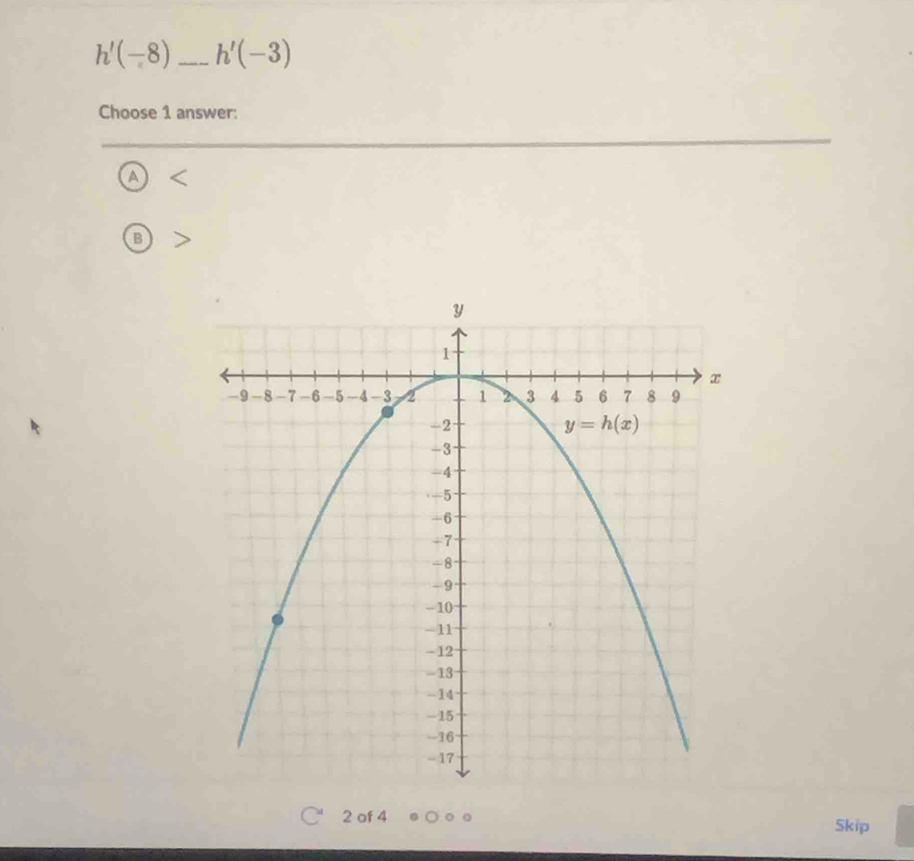 h'(-8) _ h'(-3)
Choose 1 answer:
A
B
2 of 4 Skip