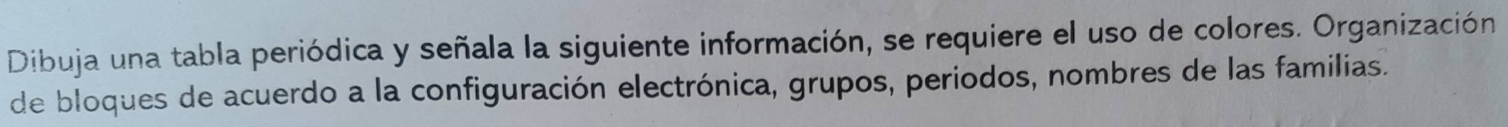 Dibuja una tabla periódica y señala la siguiente información, se requiere el uso de colores. Organización 
de bloques de acuerdo a la configuración electrónica, grupos, periodos, nombres de las familias.