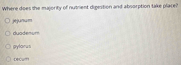 Where does the majority of nutrient digestion and absorption take place?
jejunum
duodenum
pylorus
cecum