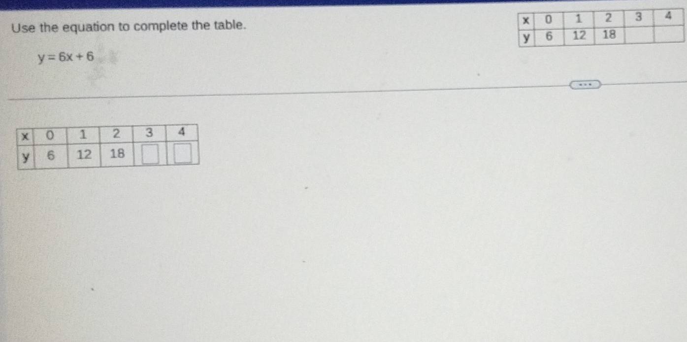 Use the equation to complete the table.
y=6x+6