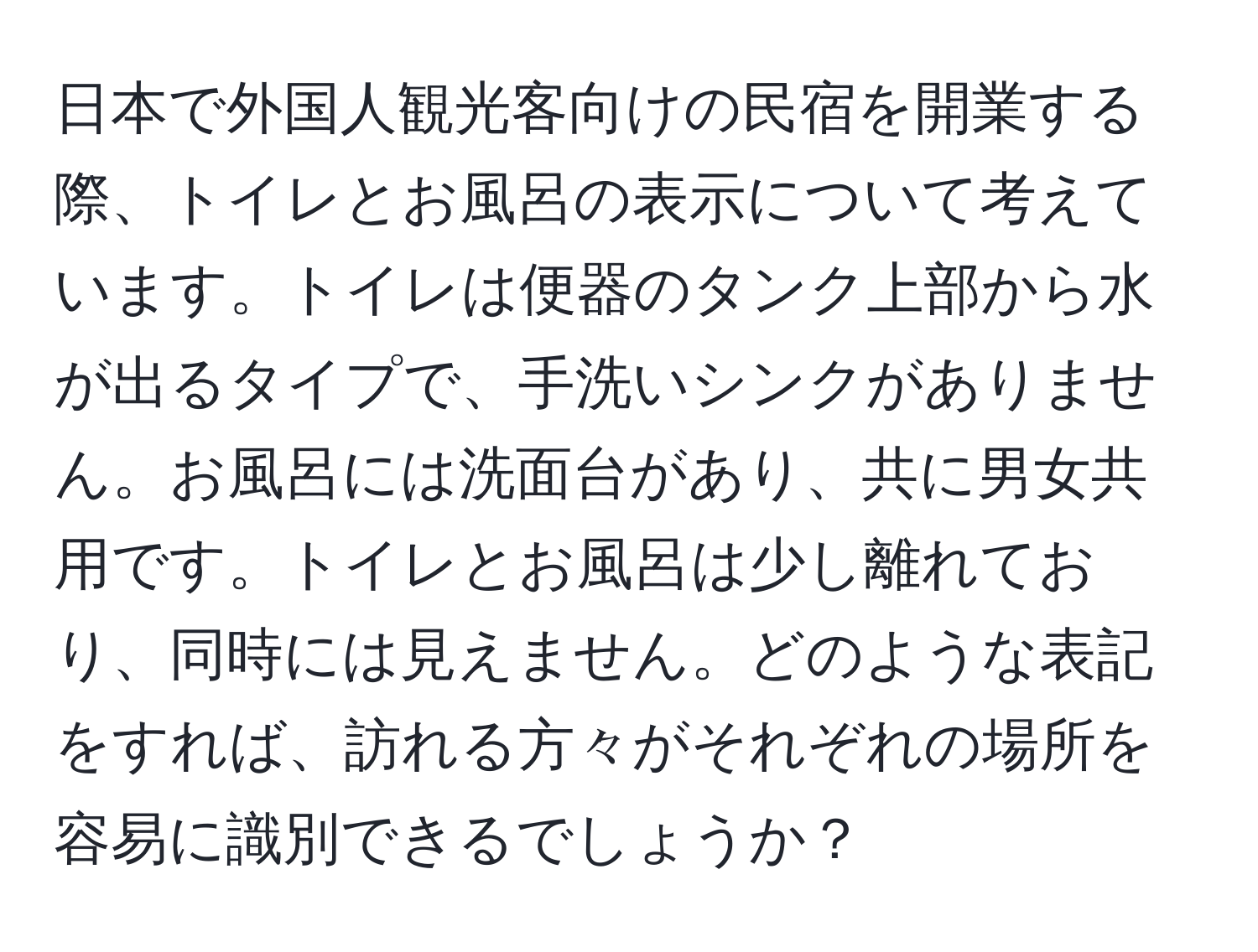 日本で外国人観光客向けの民宿を開業する際、トイレとお風呂の表示について考えています。トイレは便器のタンク上部から水が出るタイプで、手洗いシンクがありません。お風呂には洗面台があり、共に男女共用です。トイレとお風呂は少し離れており、同時には見えません。どのような表記をすれば、訪れる方々がそれぞれの場所を容易に識別できるでしょうか？