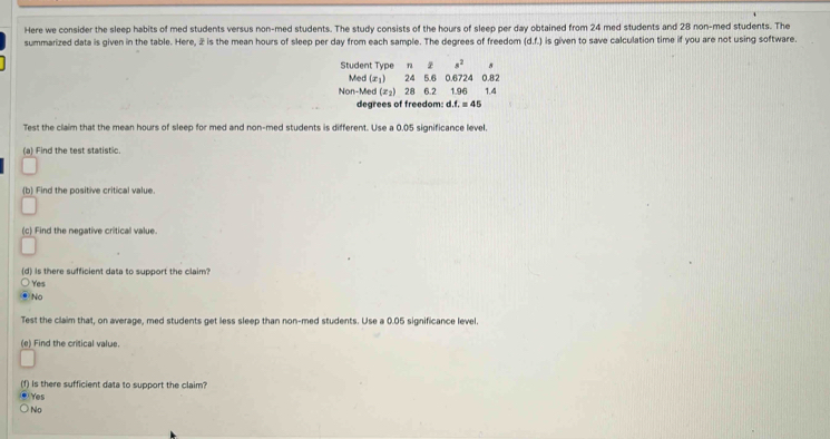 Here we consider the sleep habits of med students versus non-med students. The study consists of the hours of sleep per day obtained from 24 med students and 28 non-med students. The
summarized data is given in the table. Here, 2 is the mean hours of sleep per day from each sample. The degrees of freedom (d. t.) is given to save calculation time if you are not using software
Student Type n ž s^2
Med (x1) 24 5.6 0.6724 0.82
Non-Med (₂) 28 6.2 1.96 1.4
degrees of freedom: d. f. = 45
Test the claim that the mean hours of sleep for med and non-med students is different. Use a 0.05 significance level,
(a) Find the test statistic.
(b) Find the positive critical value
(c) Find the negative critical value.
(d) Is there sufficient data to support the claim?
Yes
No
Test the claim that, on average, med students get less sleep than non-med students. Use a 0.05 significance level.
(e) Find the critical value.
(f) Is there sufficient data to support the claim?
Yes
No