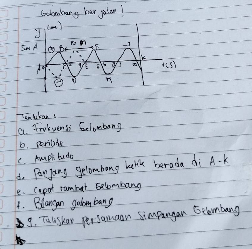 Gelombang ber jalan!
Tentukan:
a. Frekuensi Gelombang
6. period
C. Amplitudo
d. PanJang gelombong kelik berada di A-k
e. (epat rambar belombang
4. Blangan gelom bang
9. Tuliskan persamaan Simpangan Gebmbang