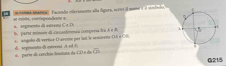 IN FORMA GRAFICA Facendo riferimento alla figura, scrivi il nome e il simbolo, 
se esiste, corrispondente a: 
a. segmento di estremi C e D; 
b. parte minore di circonferenza compresa fra A e B; 
c. angolo di vertice O avente per lati le semirette OA e OB; 
d. segmento di estremi A ed E; 
e. parte di cerchio limitata da CD e da widehat CD. 
G215