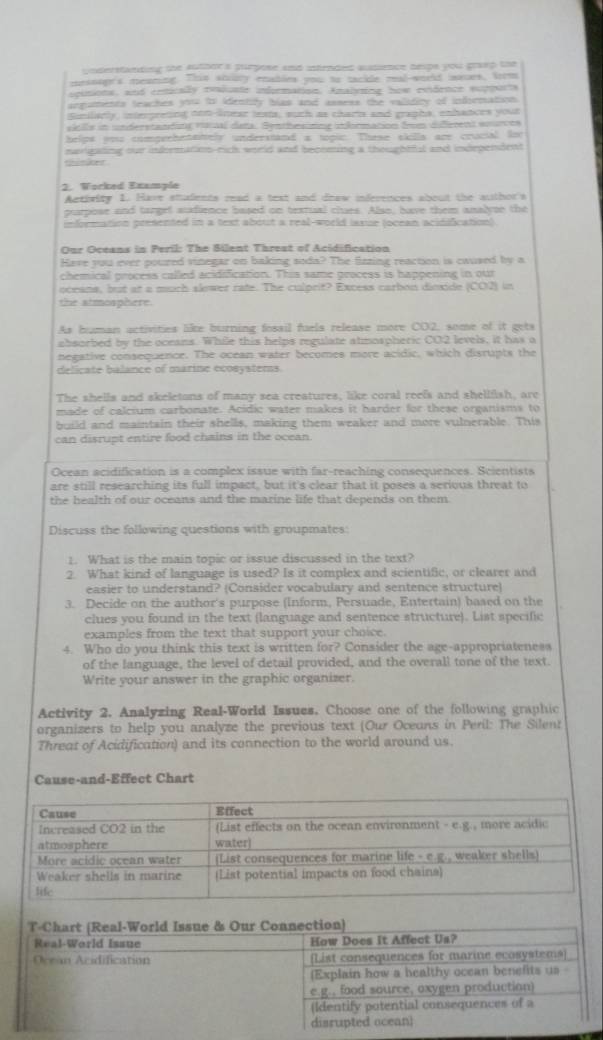 understanting the autoor'a purpose and intended ausience hesps you graep the
messagr's meaming. Thie souny enables you to tackle mal-would laaues, frrm
spitions, and entically rvaluate information. Analsting how evidence supports
aeguments teaches you to identiy bias and assess the validity of information
Siniliarly, interpreting nen-linear lests, such as charts and graghs, enhances yout
sitils in understanity v aal deta. Senthesisne itformation fem dilerent sourts
helps you comperhetanvely understand a topic. Thse skills are crucial lor
narigating our indematio-rich world and becoming a thoughtst and independent
2. Worked Example
Activity 1. Have stuients read a text and deaw inferences about the author's
purpose and tanget stafience based on textual clues. Also, have them analyse the
information presented in a text about a real-world iaxue (ocean acidification)
Our Oceans in Peril: The Silent Threat of Acidification
Have you ever poured vinegar on baking soda? The fizzing reaction is caused by a
chemical process called acidification. This same process is happening in our
oceans, but at a much slower rate. The culprit? Excess carbon dinxide (CO2) in
the atmosphere.
As human activities like burning fossil fuels release more CO2, some of it gets
absorbed by the oceans. While this helps regulate atmospheric CO2 levels, it has a
negative consequence. The ocean water becomes more acidic, which disrupts the
delicate balance of marine ecosystems.
The shells and skeletons of many sea creatures, like coral reefs and shellfish, are
made of calcium carbonate. Acidic water makes it harder for these organisms to
build and maintain their shells, making them weaker and more vulnerable. This
can disrupt entire food chains in the ocean.
Ocean acidification is a complex issue with far-reaching consequences. Scientists
are still researching its full impact, but it's clear that it poses a serious threat to
the health of our oceans and the marine life that depends on them.
Discuss the following questions with groupmates:
1. What is the main topic or issue discussed in the text?
2. What kind of language is used? Is it complex and scientific, or clearer and
easier to understand? (Consider vocabulary and sentence structure)
3. Decide on the author's purpose (Inform, Persuade, Entertain) based on the
clues you found in the text (language and sentence structure). List specific
examples from the text that support your choice.
4. Who do you think this text is written for? Consider the age-appropriateness
of the language, the level of detail provided, and the overall tone of the text.
Write your answer in the graphic organizer.
Activity 2. Analyzing Real-World Issues, Choose one of the following graphic
organizers to help you analyze the previous text (Our Oceuns in Peril: The Silent
Threat of Acidification) and its connection to the world around us.
Cause-and-Effect Chart
T-Chart (Real-World Issue & Our Connection)
Real-World Issue How Does it Affect Ua?
Ocean Acidification (List consequences for marine ecosystems)
(Explain how a bealthy ocean benefits us
e.g., food source, oxygen production)
(Identify potential consequences of a
disrupted ocean)