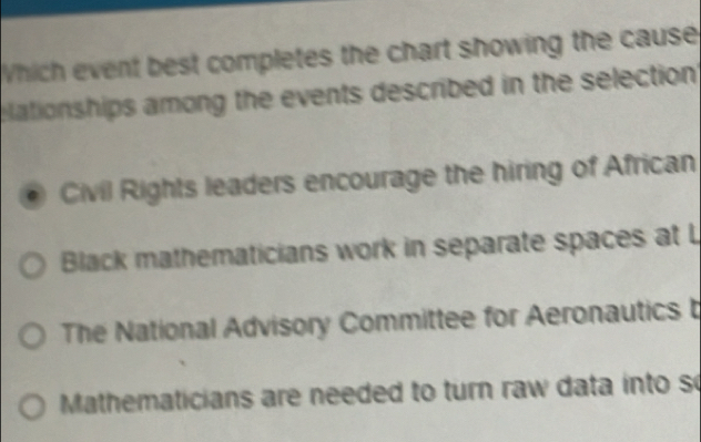 Which event best completes the chart showing the cause
elationships among the events described in the selection
Civil Rights leaders encourage the hiring of African
Black mathematicians work in separate spaces at L
The National Advisory Committee for Aeronautics b
Mathematicians are needed to turn raw data into so