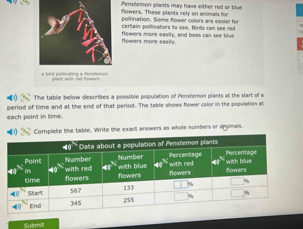 Penstemon plants may have either red or blue
flowers. These plants rely on animals for
pollination. Some flower colors are easier for
certain pollinators to see. Birds can see red
0
flowers more easily, and bees can see blue
flowers more easily.
a bird pollinating a Penstemon
plant with red flowers 
The table below describes a possible population of Penstemon plants at the start of a
period of time and at the end of that period. The table shows flower color in the population at
each point in time.
Complete the table. Write the exact answers as whole numbers or decimals.
Submit