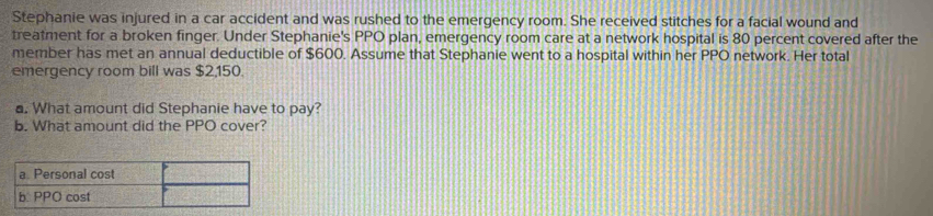 Stephanie was injured in a car accident and was rushed to the emergency room. She received stitches for a facial wound and 
treatment for a broken finger. Under Stephanie's PPO plan, emergency room care at a network hospital is 80 percent covered after the 
member has met an annual deductible of $600. Assume that Stephanie went to a hospital within her PPO network. Her total 
emergency room bill was $2,150. 
. What amount did Stephanie have to pay? 
b. What amount did the PPO cover?