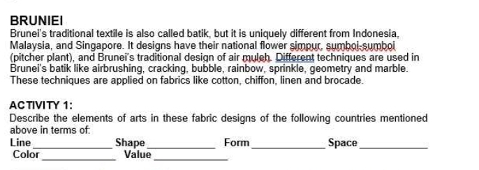 Solved: BRUNIEI Brunei's traditional textile is also called batik, but ...