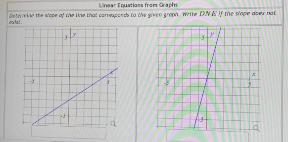 Linear Equations from Graphs 
Determine the slope of the line that corresponds to the given graph. Write DNE if the slope does not 
exist.