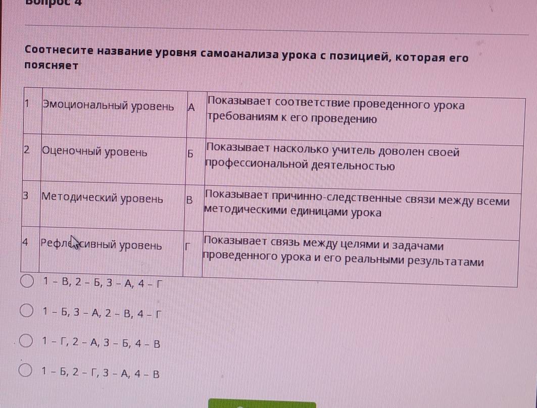 Bonpot 4
Соотнесите название уровня самоанализа урока с πозицией, которая его
пояchяет
1 - 6, 3 - A, 2 - B, 4 - Γ
1 - Γ, 2 - A, 3 - 6, 4 - B
1 - 6, 2 - Γ, 3 - A, 4 - B