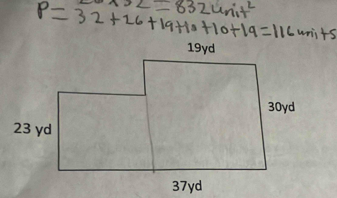 32=832unit^2
P=32+26+19+10+10+19=116