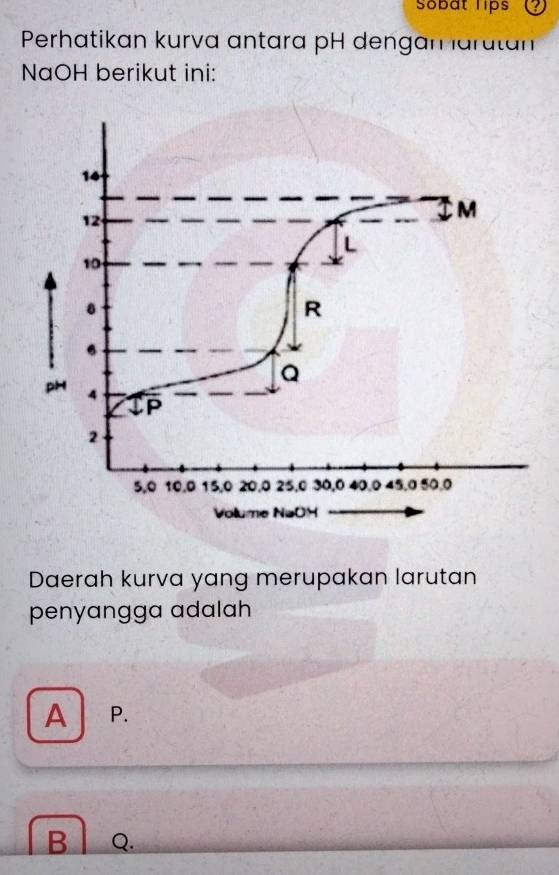 Sobat lips
Perhatikan kurva antara pH dengan larutan
NaOH berikut ini:
Daerah kurva yang merupakan larutan
penyangga adalah
A P.
B Q.