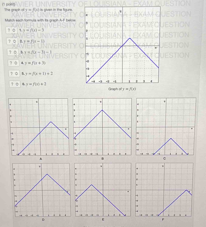 The graph of y=f(x) is given in the figure.
Match each formula with its graph A-F below.
? 1. y=f(x)-3
? 2. y=f(x-1)
? 3. y=f(x-3)-1
? 4. y=f(x+3)
? 5. y=f(x+1)+2
6. y=f(x)+2