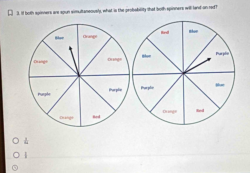 If both spinners are spun simultaneously, what is the probability that both spinners will land on red?

 3/64 
 2/8 